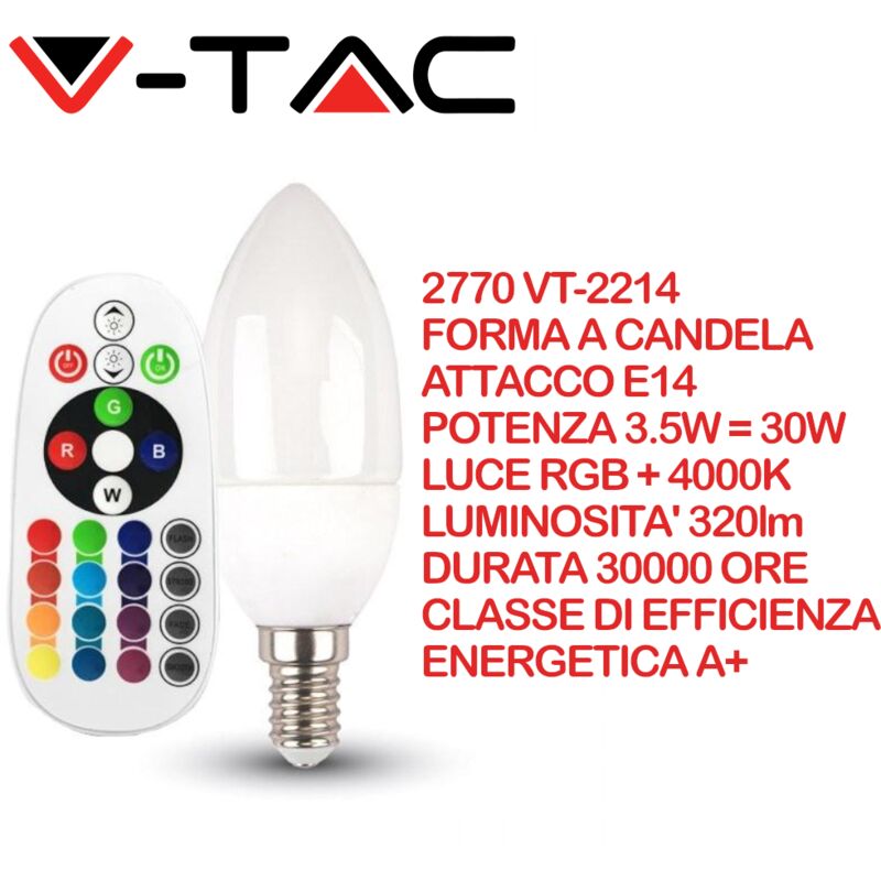 foto del prodotto v-tac vt-2214 lampadina led e14 3,5w a candela con telecomando rgb rgb - 4000k