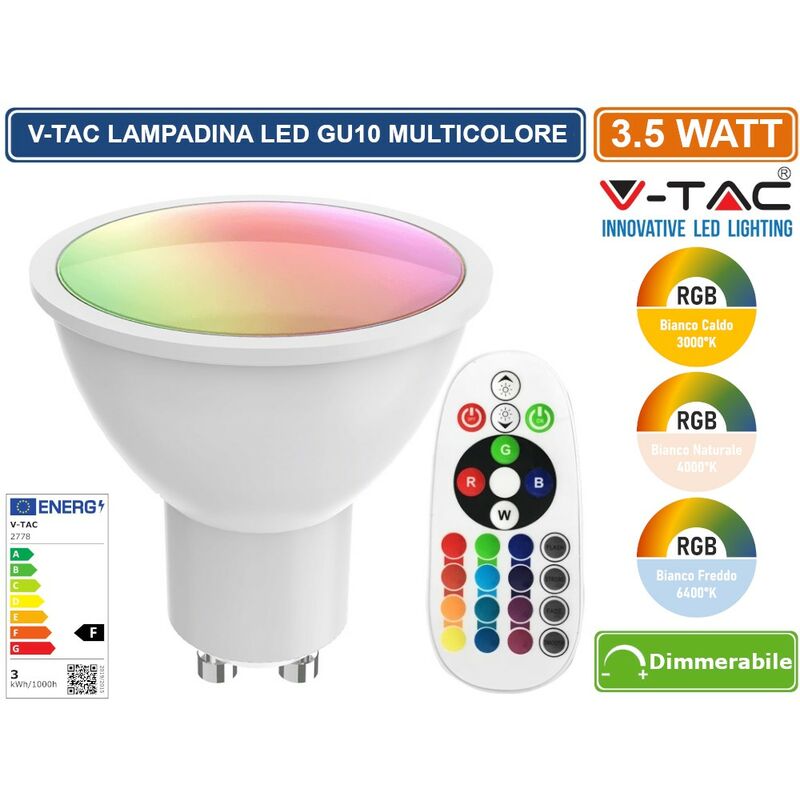 foto del prodotto v tac vt 2244 lampadina led gu10 3,5w faretto spotlight 110 rgb w con telecomando sku 2778 2779 2780 colore luce bianco caldo rgb