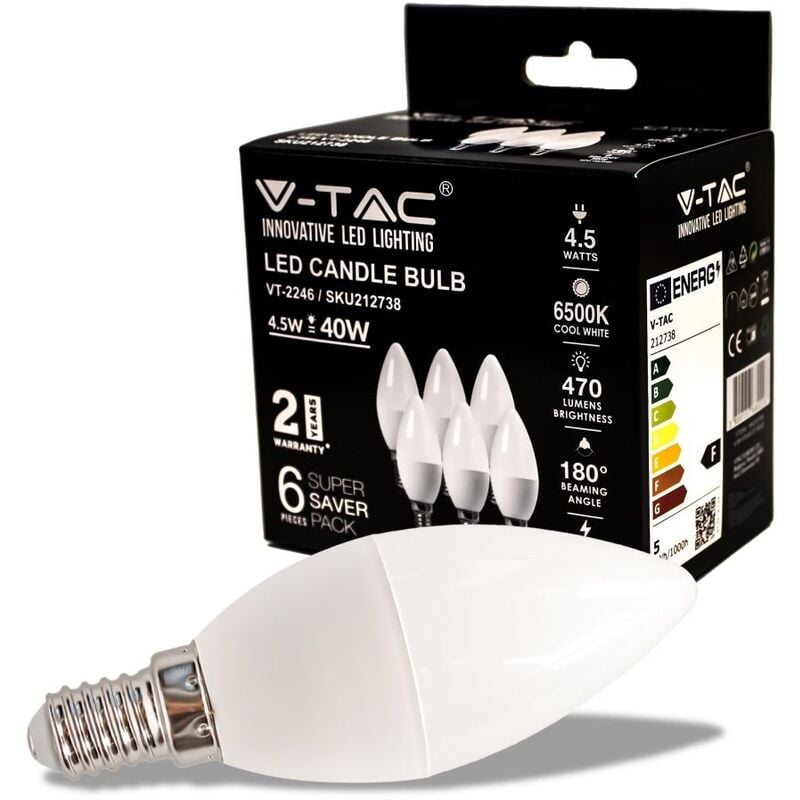 foto del prodotto v tac vt 2246 lampadina led candela smd 4.5w e14 bianco freddo 6500k box 6 pz sku 212738