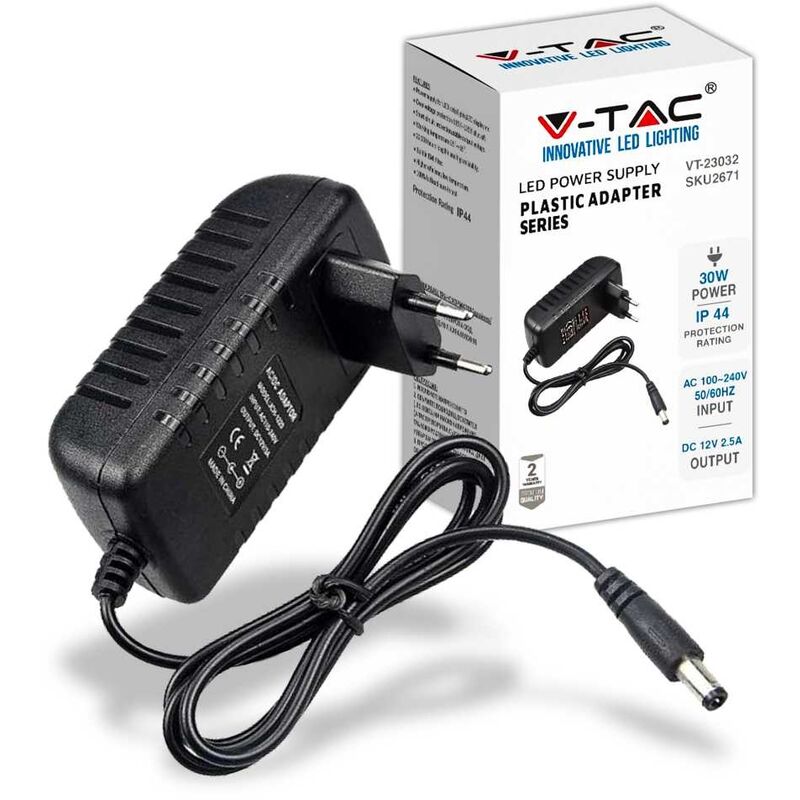 foto del prodotto v tac vt 23032 alimentatore switching stabilizzato 30w 12v 2.5a jack 2.1mm plug play in plastica sku 2671