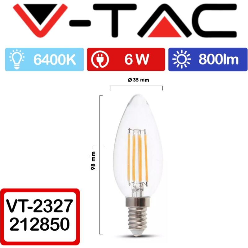 foto del prodotto v tac vt 2327 lampadina led e14 6w candela a filamento bianco freddo 6400k