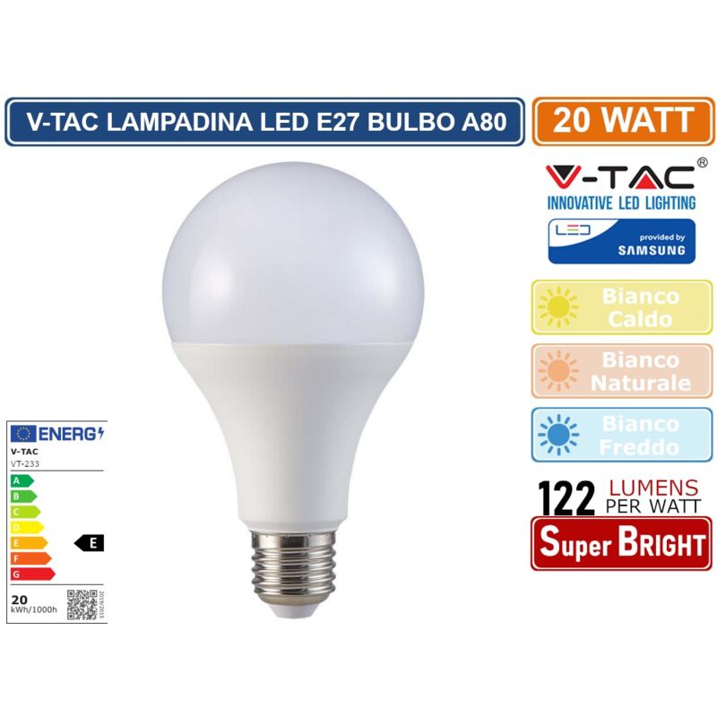 foto del prodotto v-tac - vt-233 lampadina led e27 20w bulb a80 goccia smd chip samsung - sku 21237 21238 21239 - colore luce bianco caldo