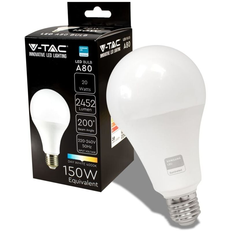 foto del prodotto v-tac - vt-233 lampadina led e27 20w bulb a80 goccia smd chip samsung - sku 21237 / 21238 / 21239 - colore luce: bianco naturale