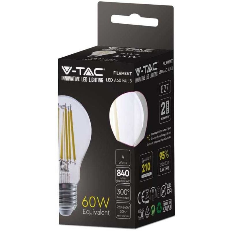 foto del prodotto v tac vt 2334 lampadina led 4w e27 4000k lampada filamento bulbo a60 vetro trasparente sku 2991