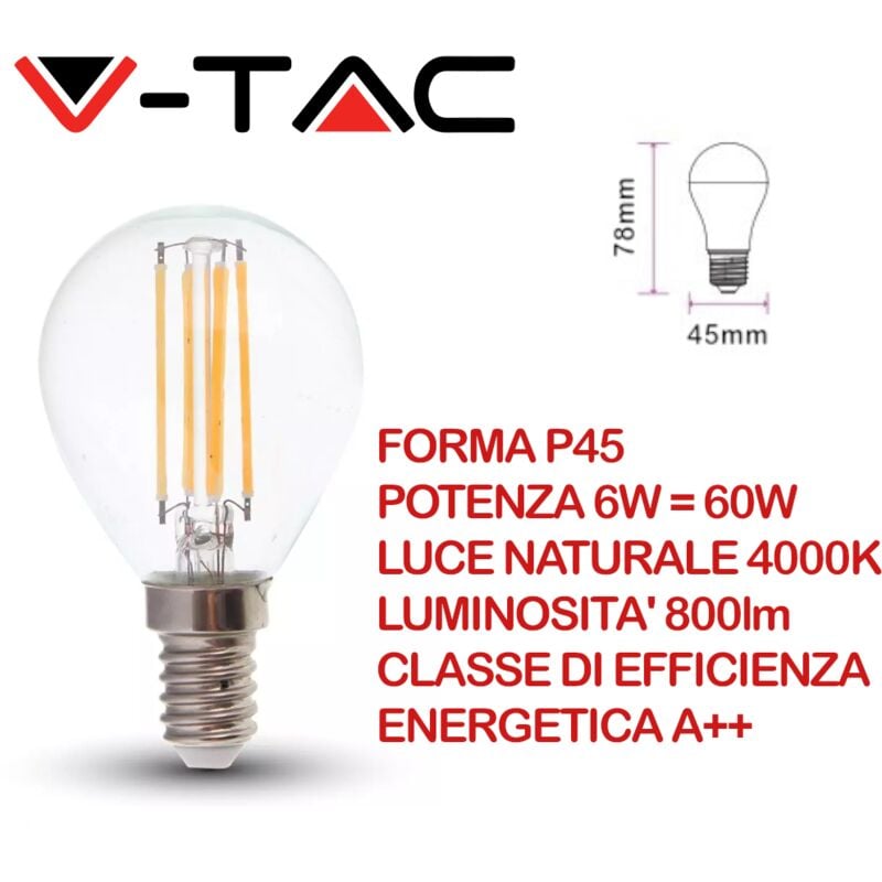foto del prodotto v tac vt 2486 lampadina led bulb e14 6w filamento p45 130lm w bianco naturale 4000k