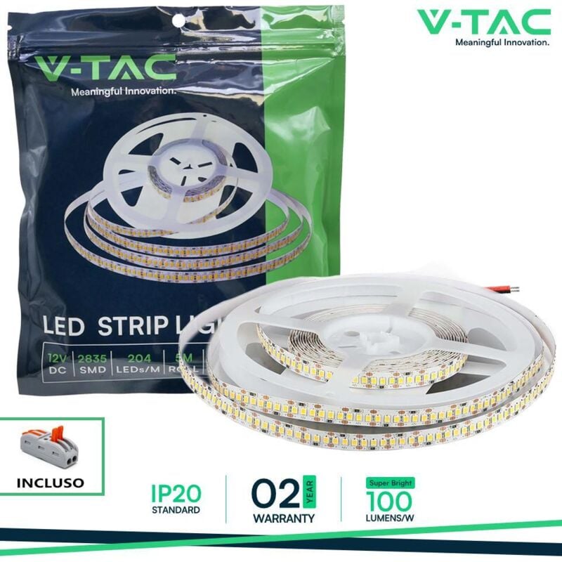 foto del prodotto v-tac vt- 2835 striscia 204 led m smd2835 strip led 5m 17w mt luce bianco caldo 3000k ip20 sku 212461