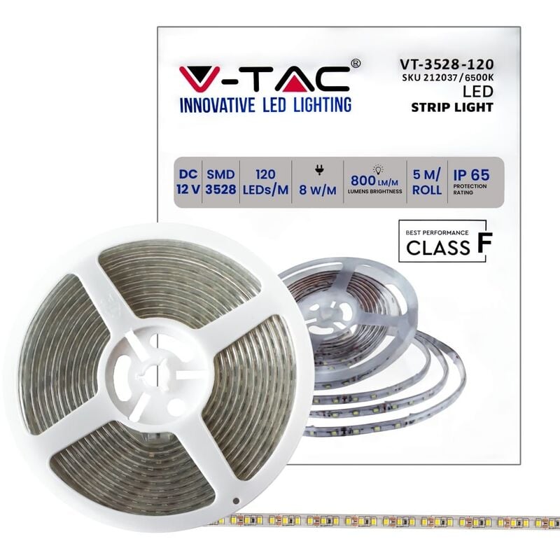 foto del prodotto v-tac vt-3528 striscia led 12v smd3528 5m 8w m 120led m 100lm w monocolore bianco freddo 6500k ip65 - sku 212037