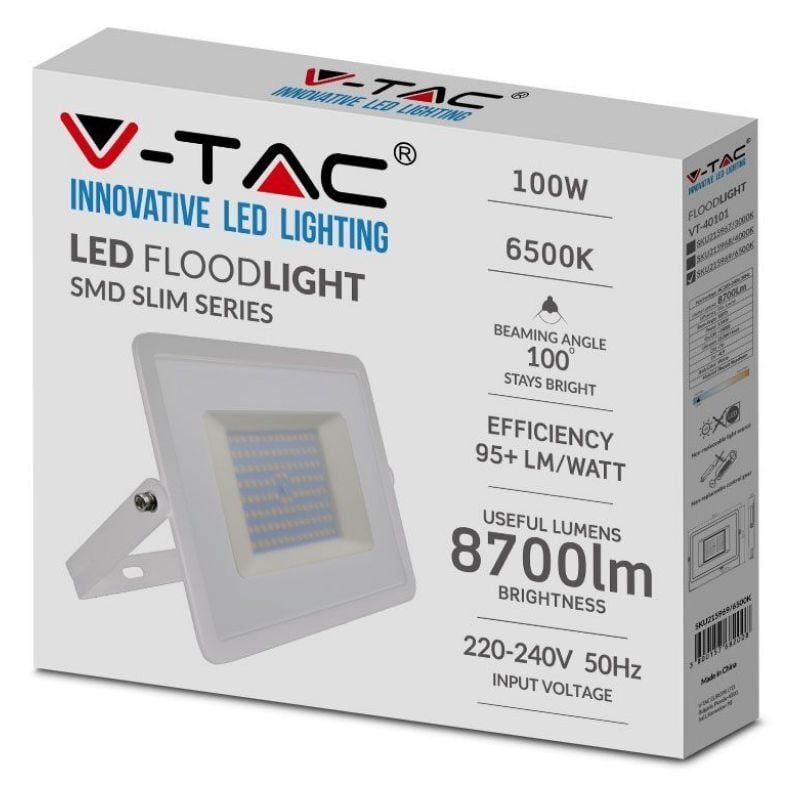 foto del prodotto v tac vt 40101 faro led 100w e series super slim bianco ip65 bianco freddo 6500k sku 215969