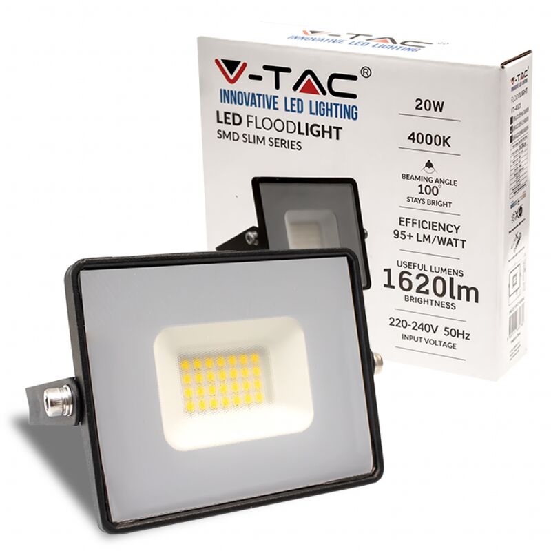 foto del prodotto v tac vt 4021 faro led smd 20w bianco freddo 6400k e series g2 ultra slim nero 1620lm ip65 sku 215948