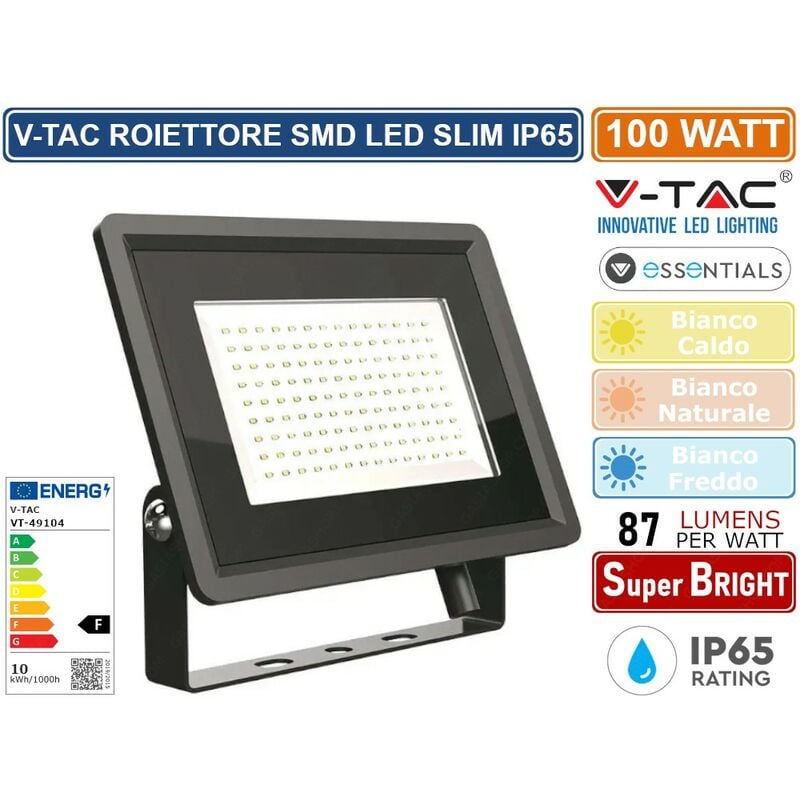 foto del prodotto v tac vt 49104 b essentials series faro led smd 100w ultra sottile da esterno colore nero sku 6721 6722 6723 colore luce bianco naturale