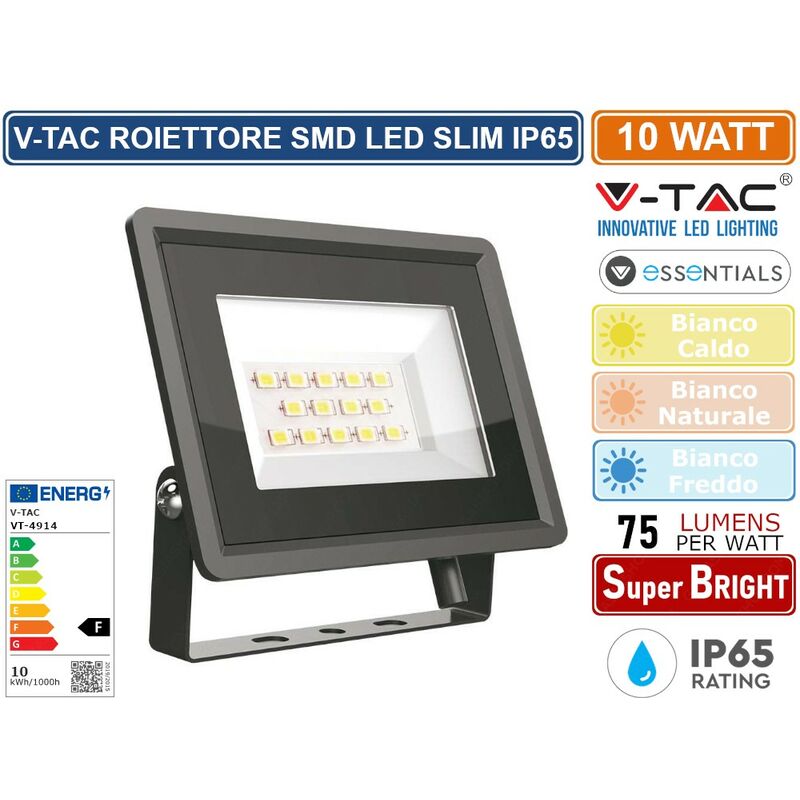 foto del prodotto v tac vt 4914 b essentials series faro led smd 10w ultra sottile da esterno colore nero sku 6727 6728 6729 colore luce bianco freddo