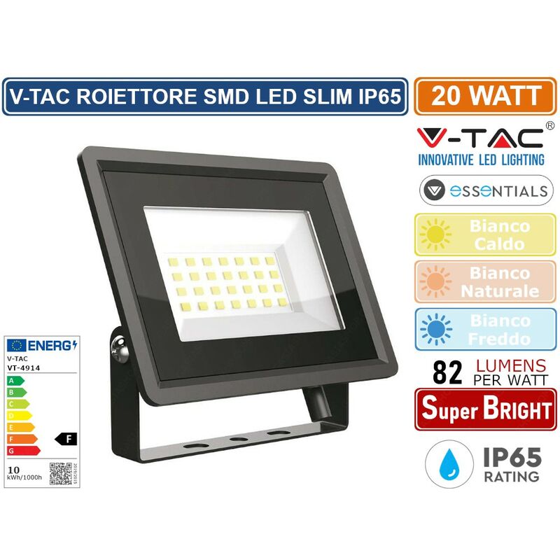 foto del prodotto v tac vt 4924 b essentials series faro led smd 20w ultra sottile da esterno colore nero sku 6737 6738 6739 colore luce bianco freddo