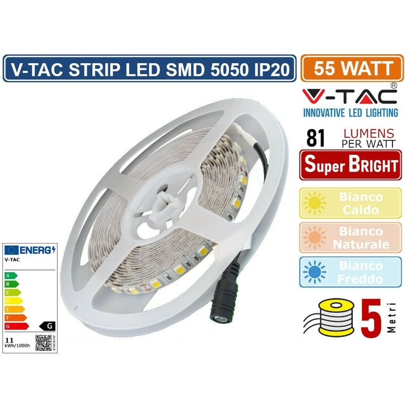 foto del prodotto v-tac - vt-5050-60 striscia led flessibile 55w smd monocolore 60 led metro 12v - bobina da 5 metri - sku 212122 212143 212126 - colore luce