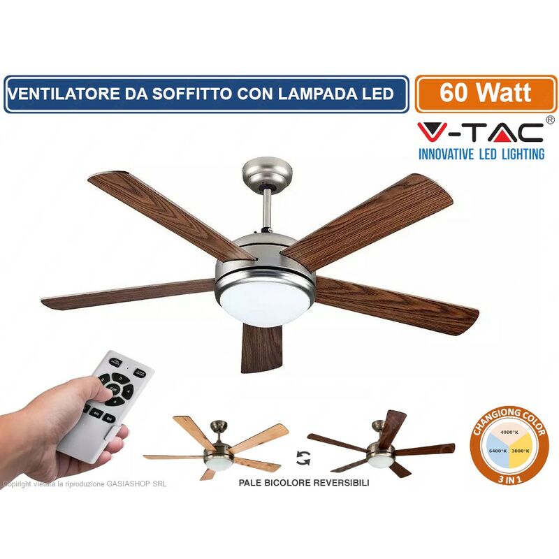foto del prodotto v tac vt 6052 5 ventilatore da soffitto 60w con lampada led 15w 3in1 changing color e telecomando sku 7913