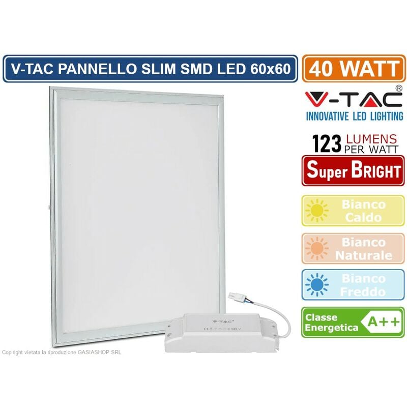 foto del prodotto v tac vt 6060 pannello slim led montaggio ad incasso 60x60 40w smd con driver 4950 lumen colore luce bianco freddo