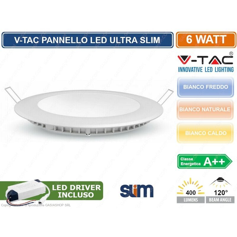 foto del prodotto v tac vt 607 rd pannello led rotondo 6w smd da incasso con driver sku 4854 214855 4856 colore luce bianco caldo