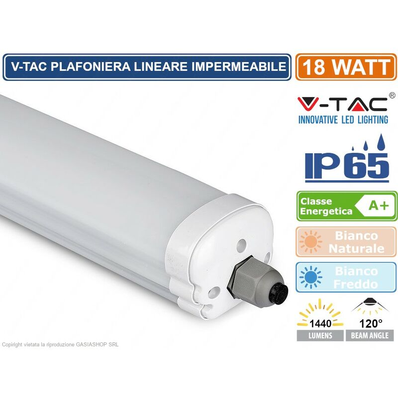 foto del prodotto v tac vt 6076 tubo led plafoniera 18w lampadina 60cm impermeabile sku 6283 6282 colore luce bianco freddo