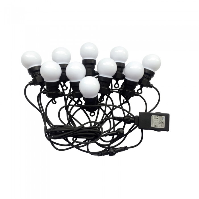 foto del prodotto v-tac vt-71020 catenaria 10mt con 20 lampadine mini globo led 10w colore bianco con shuko e trasformatore 6000k ip44 - sku 7440