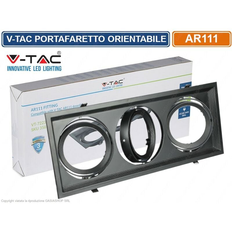 foto del prodotto v tac vt 7223 portafaretto triplo orientabile da incasso per lampadine ar111 sku 3583