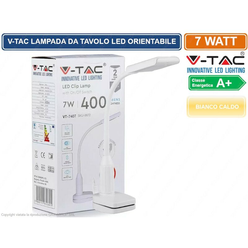foto del prodotto v tac vt 7407 lampada led da tavolo 7w orientabile con morsa di fissaggio colore bianco sku 8672