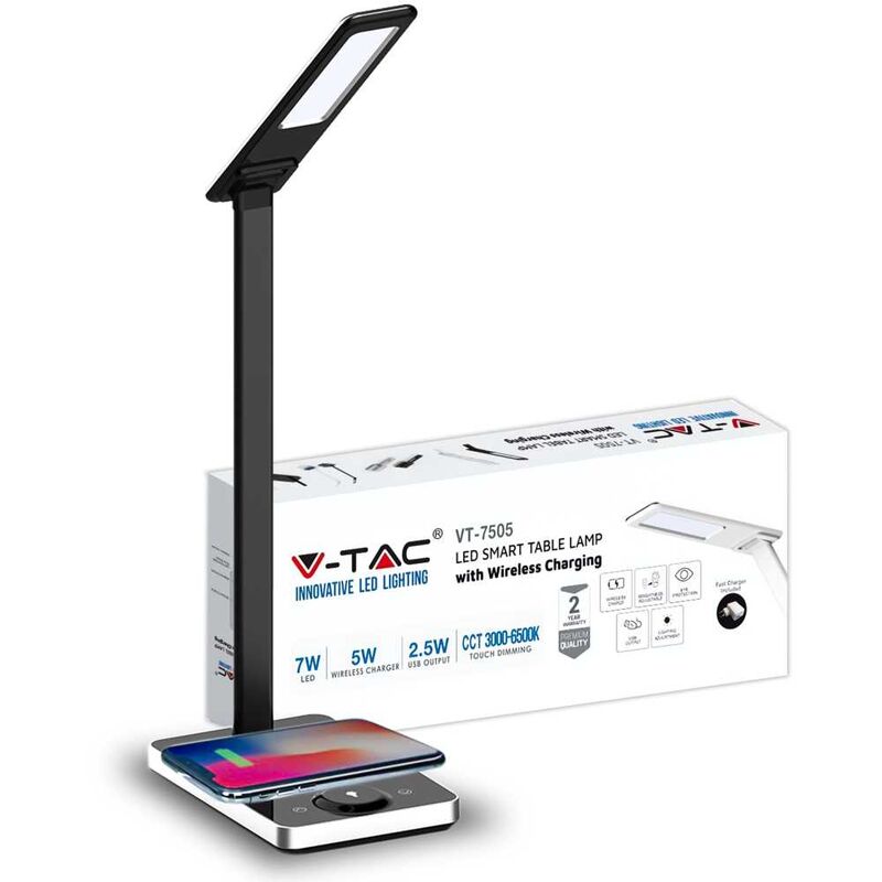 foto del prodotto v tac vt 7505 lampada da tavolo led 7w multifunzione colore luce 3in1 dimmerabile con base ricarica wireless corpo nero sku 218602