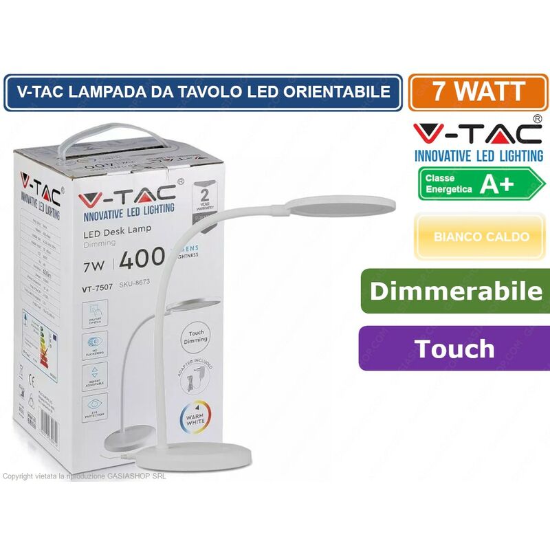 foto del prodotto v tac vt 7507 lampada led da tavolo 7w orientabile dimmerabile colore bianco sku 8673