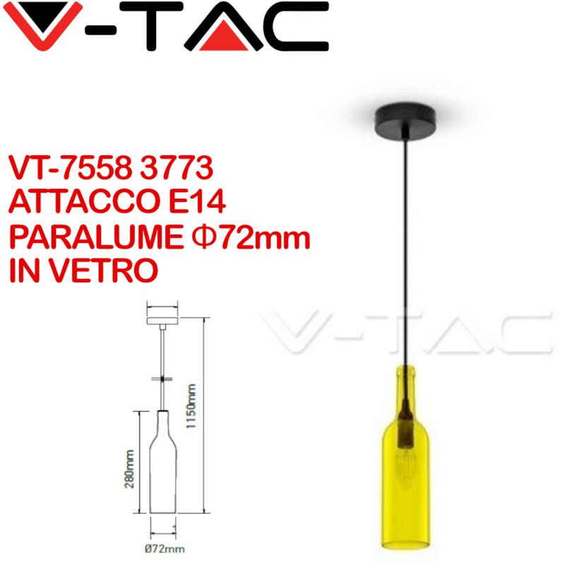 foto del prodotto v tac vt 7558 y 3773 lampadario led a bottiglia in vetro con portalampada e14 max 60w colore giallo