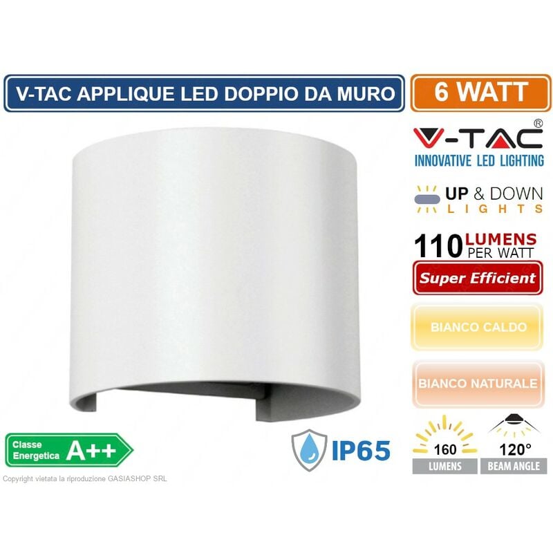 foto del prodotto v tac vt 756 lampada da muro wall light bianca con doppio led cob 6w ip65 sku 7082 7091 colore luce bianco naturale