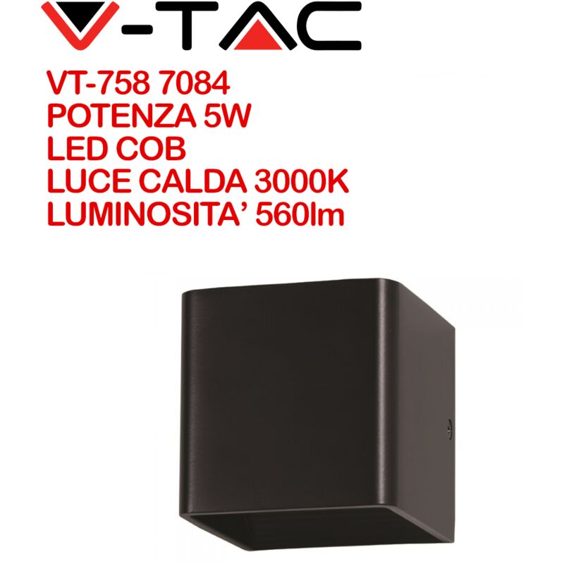 foto del prodotto v tac vt 758 7084 lampada led da muro quadrata led cob 5w colore nero satinato fascio luminoso superiore e inferiore 3000k ip20