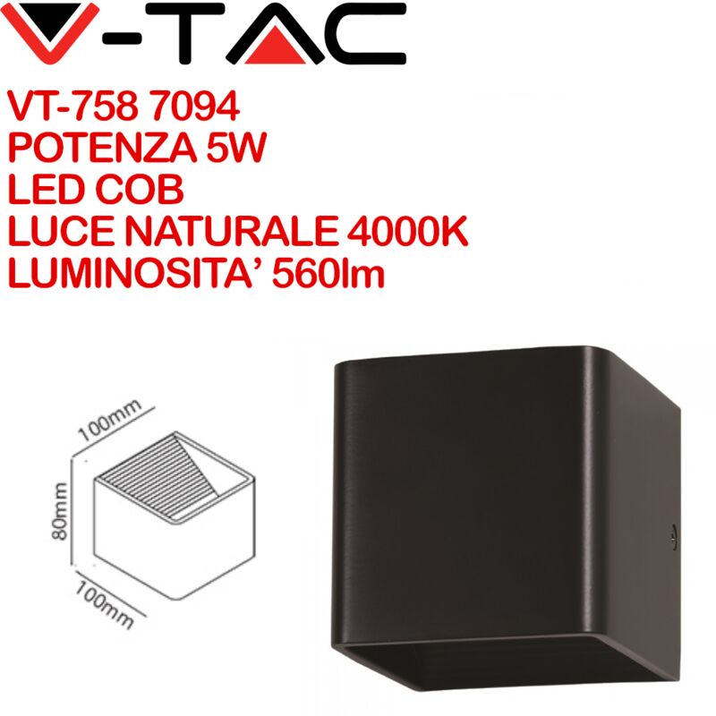 foto del prodotto v tac vt 758 7094 lampada led da muro quadrata led cob 5w colore nero satinato fascio luminoso superiore e inferiore 4000k ip20