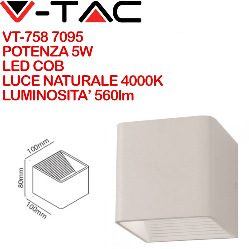foto del prodotto v tac vt 758 7095 lampada led da muro quadrata led cob 5w colore bianco satinato fascio luminoso superiore e inferiore 4000k ip20