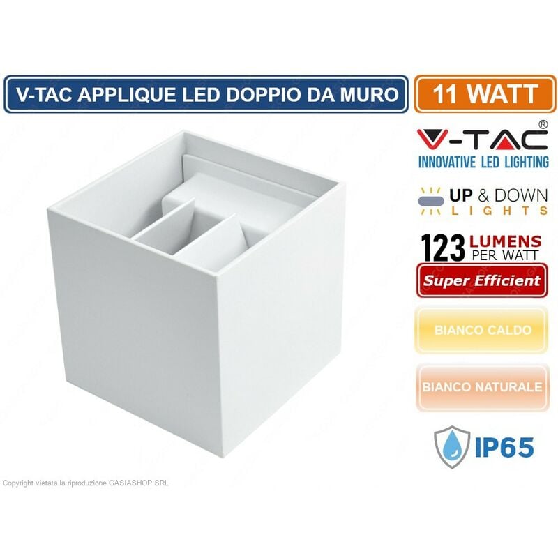 foto del prodotto v tac vt 759 12 lampada led da muro 11w wall light bianca con doppio led smd applique ip65 sku 218527 218528 colore luce bianco naturale