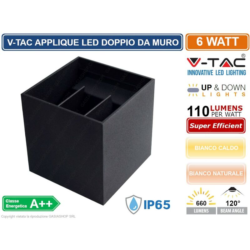 foto del prodotto v tac vt 759 lampada da muro wall light nera con doppio led cob 6w ip65 sku 7078 7087 colore luce bianco naturale