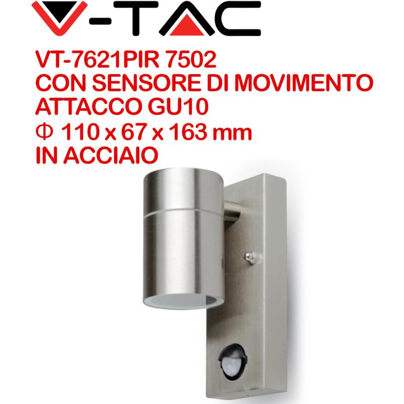 foto del prodotto v-tac vt-7621pir 7502 portafaretto led da muro gu10 max 35w con sensore pir colore metallico ip44