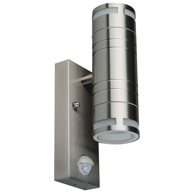 foto del prodotto v tac vt 7632s portafaretto led da parete doppio 2xgu10 con sensore movimento in acciaio inossidabile ip44 da muro grigio satinato 5157