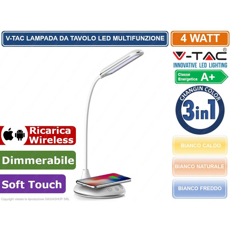 foto del prodotto v tac vt 7705 lampada da tavolo led 4w multifunzione con stazione di ricarica wireless colore bianco sku 218605