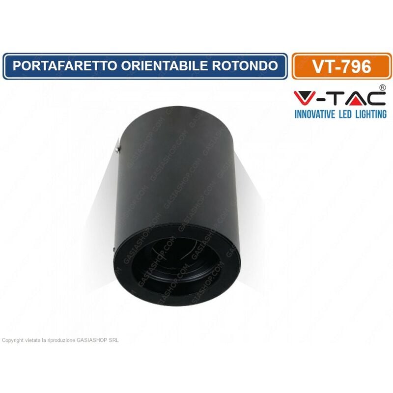 foto del prodotto v tac vt 796 portafaretto orientabile rotondo nero da soffitto per lampadine gu10 e gu5.3 sku 3628