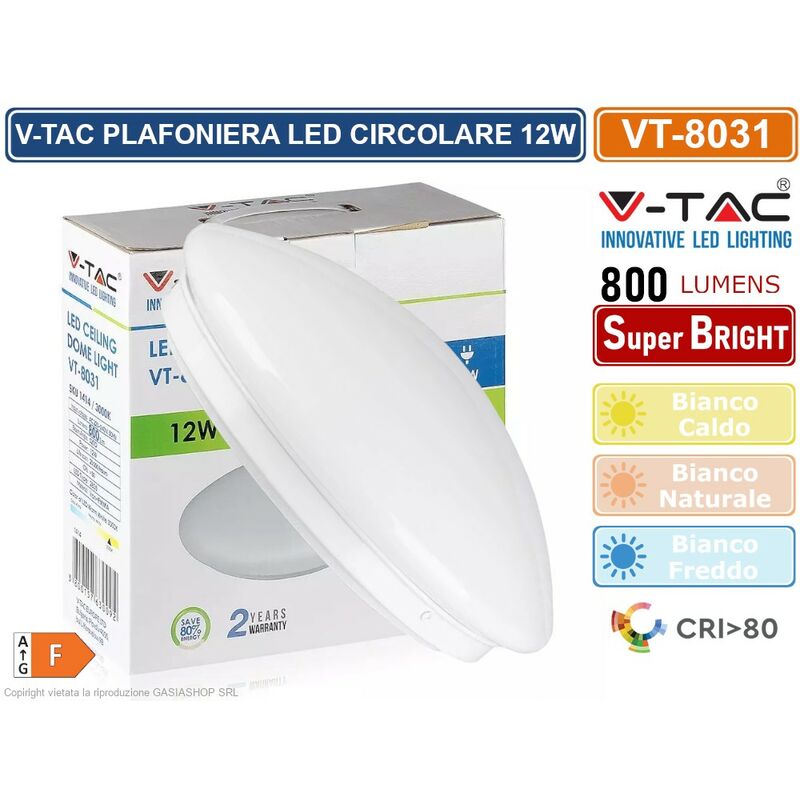 foto del prodotto v tac vt 8031rd plafoniera led 12w forma circolare colore bianco 800 lumen ip20 3000k 4000k 6400k colore luce bianco caldo