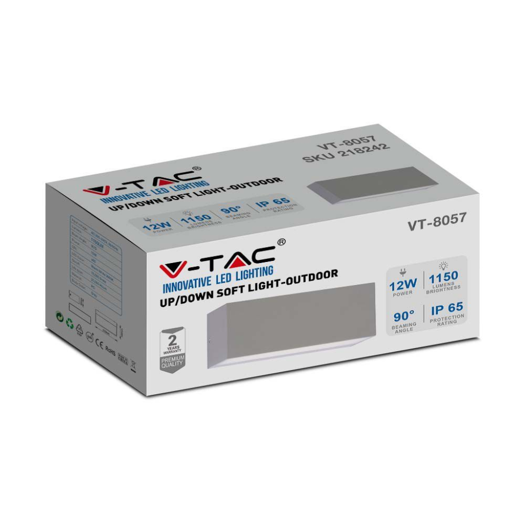 foto del prodotto v tac vt 8057 lampada led da parete 12w applique doppio fascio up down 90 rettangolare da esterno ip65 luce bianco caldo 3000k 218242