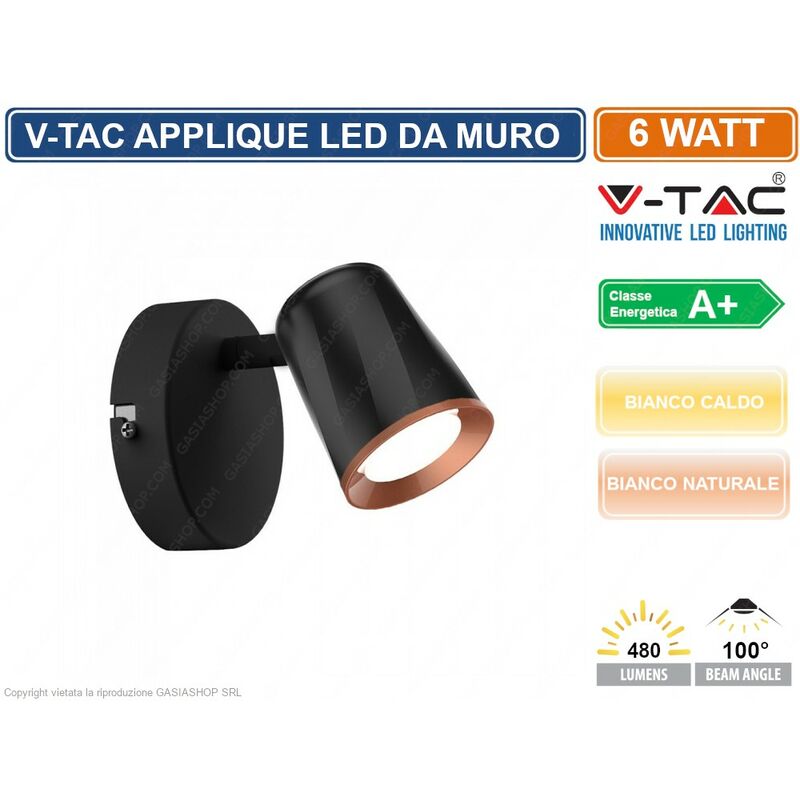foto del prodotto v tac vt 806 lampada da muro wall light led 6w colore nero sku 8251 8253 colore luce bianco caldo