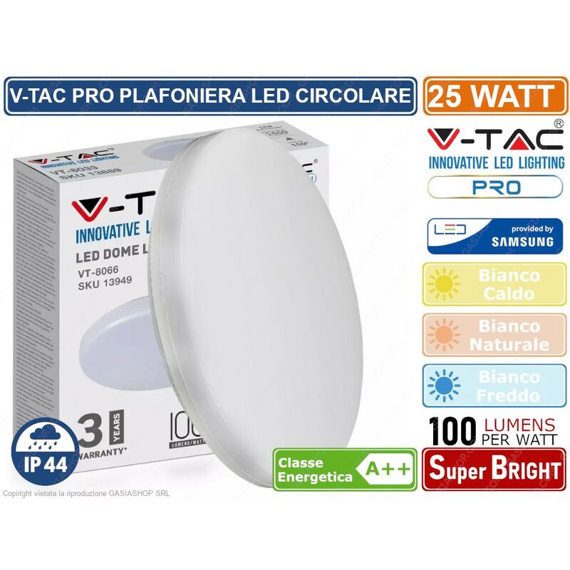 foto del prodotto v tac vt 8066rd plafoniera led 25w forma circolare chip samsung ip44 sku 13929 13939 13949 colore luce bianco freddo