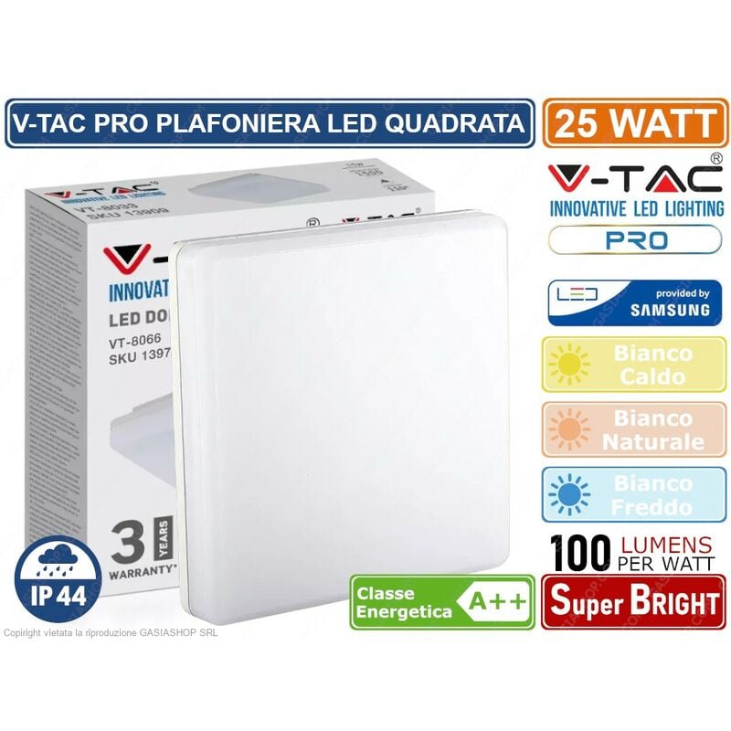 foto del prodotto v tac vt 8066sq plafoniera led 25w forma quadrata chip samsung ip44 sku 13959 13969 13979 colore luce bianco caldo