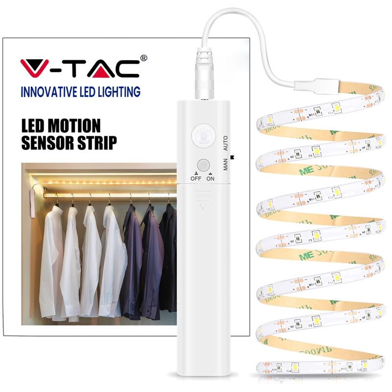 foto del prodotto v tac vt 8082 kit striscia led 2.8w 1m ip65 con alimentazione a batterie e sensore movimento pir bianco caldo 3000k sku 2573