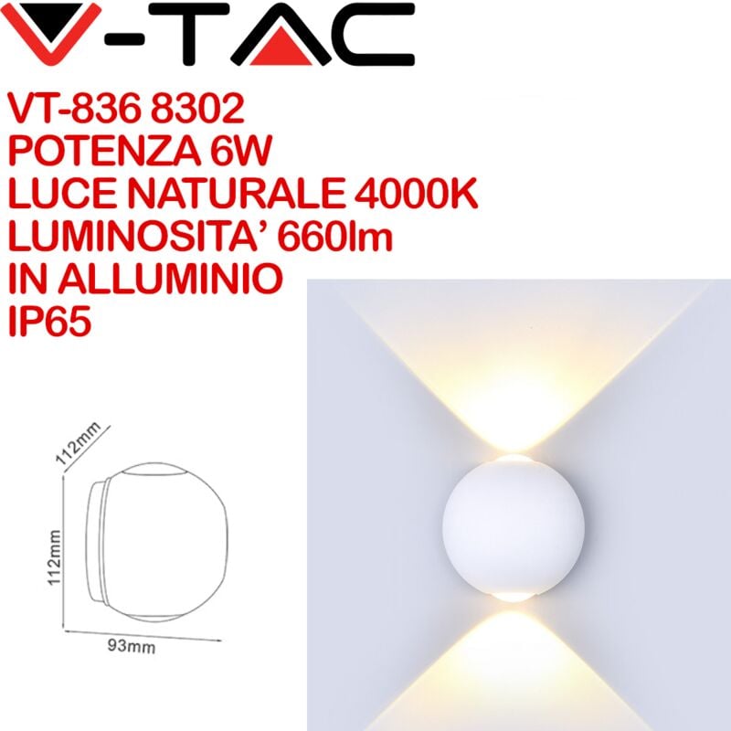 foto del prodotto v tac vt 836 8302 lampada led da muro sferica 6w doppio fascio luminoso colore bianco 4000k ip65