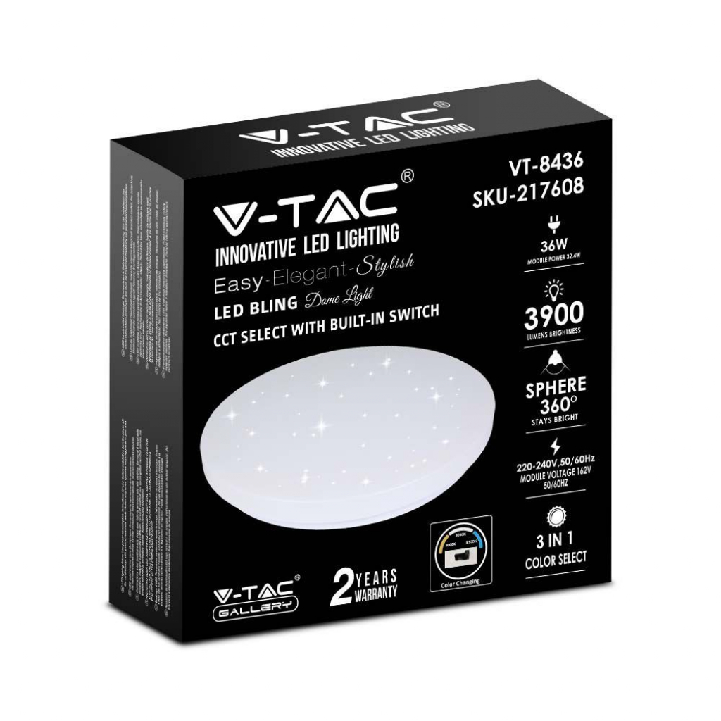 foto del prodotto v tac vt 8436 plafoniera led 36w changing color 3in1 forma circolare effetto cielo stellato sku 217608
