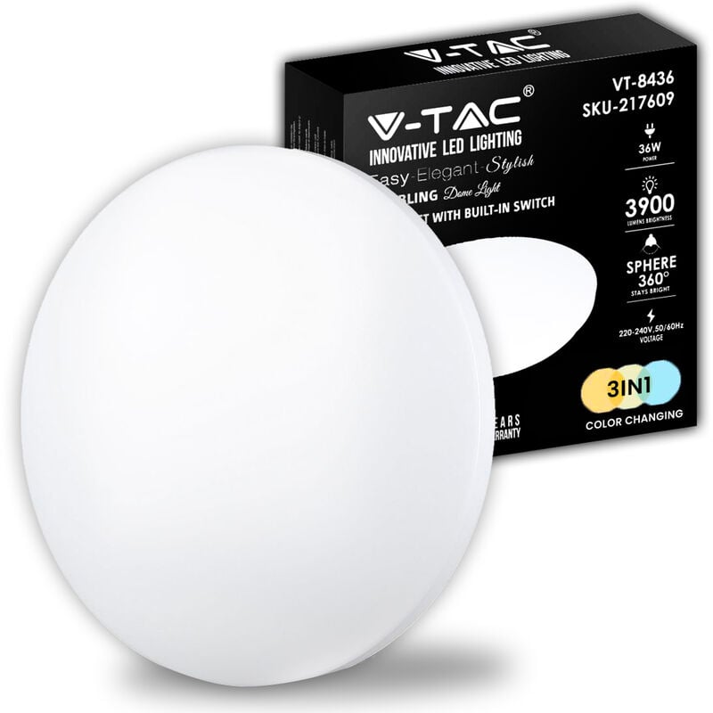foto del prodotto v tac vt 8436 plafoniera led rotonda 36w con interruttore cambia colore 3 in 1 satinata d 480mm h 65mm sku 7609