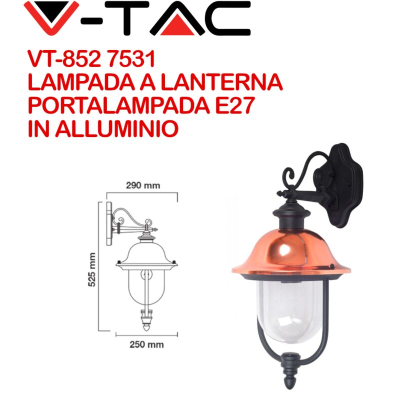 foto del prodotto v tac vt 852 7531 lampada led da muro a lanterna con portalampada e27 max 60w rivolta verso il basso colore nero e calotta in rame ip44