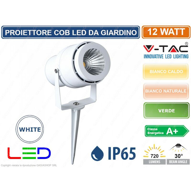 foto del prodotto v tac vt 857 faretto led cob da giardino 12w con picchetto colore bianco sku 7547 7548 7549 colore luce bianco caldo