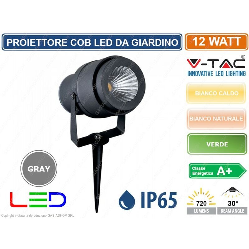 foto del prodotto v tac vt 857 faretto led cob da giardino 12w con picchetto colore grigio sku 7550 7551 7552 colore luce bianco caldo