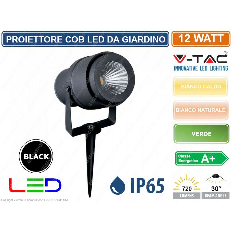 foto del prodotto v tac vt 857 faretto led cob da giardino 12w con picchetto colore nero sku 7544 7545 7546 colore luce bianco naturale